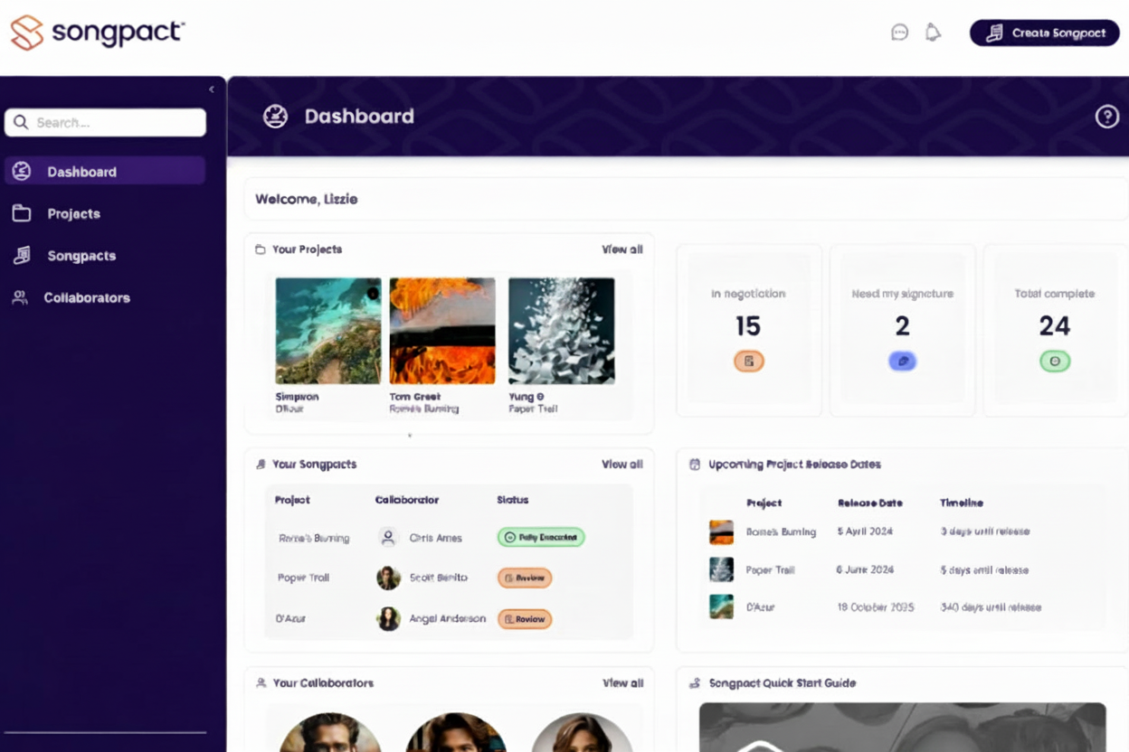 Songpact music contract platform dashboard showing active producer agreements, split sheets, and collaboration workflows