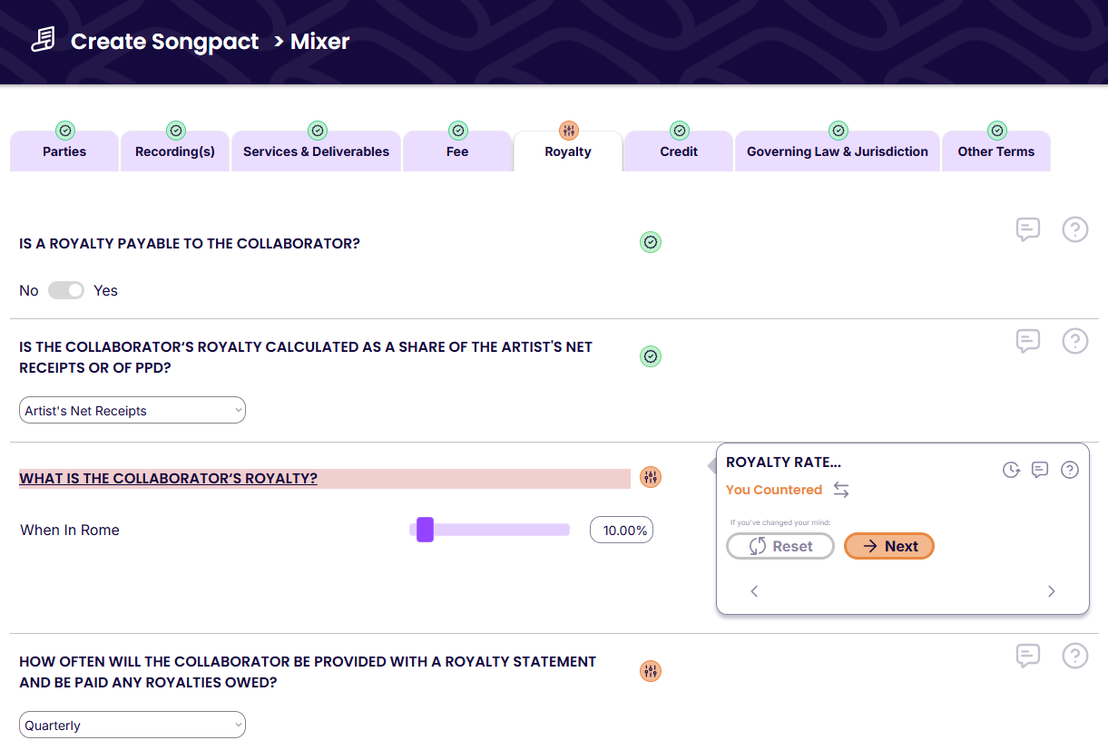 Songpact guided Q&A interface for building a producer agreement – music contract template flow