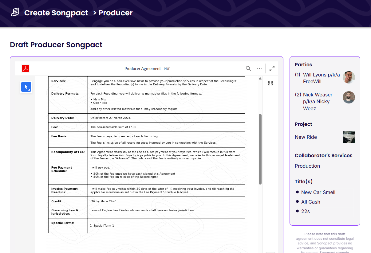 Songpact draft producer agreement contract showing royalty splits and master ownership terms