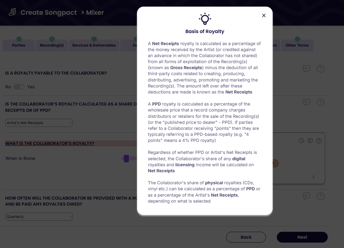 Songpact plain-language music contract explainer showing royalty and recoupment terms