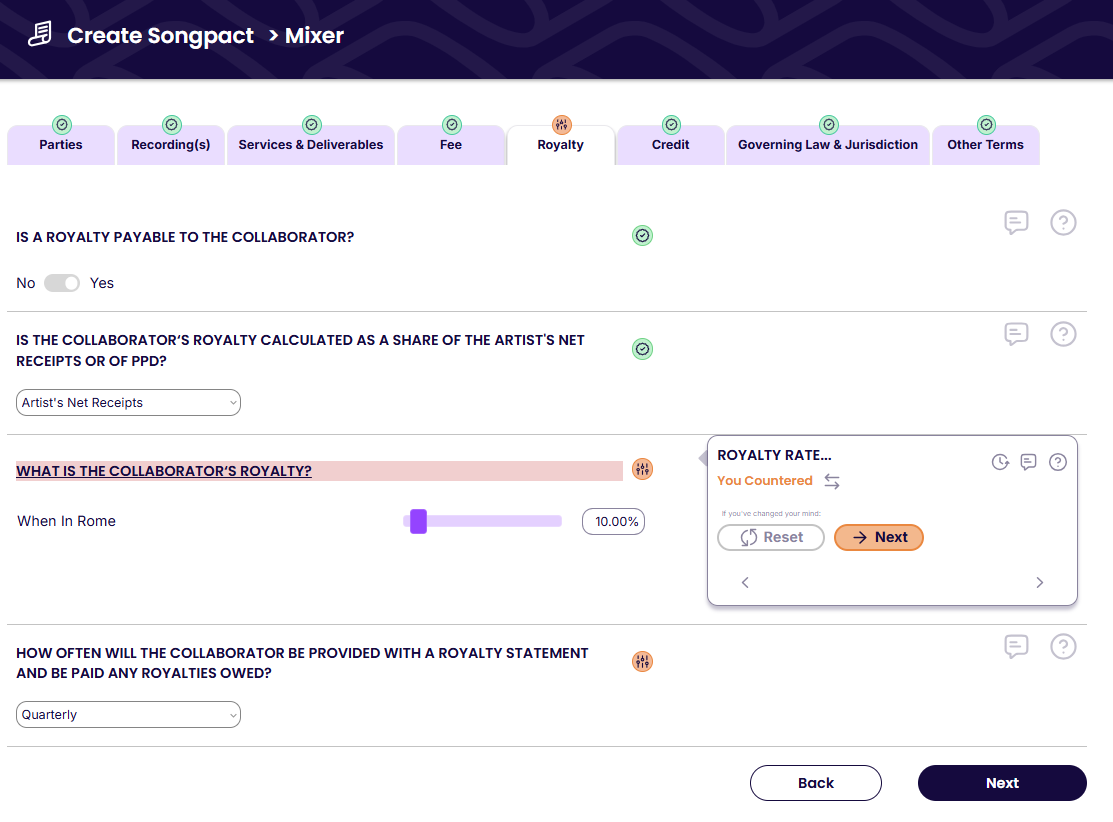 Songpact royalty negotiation interface – split sheet diagram for producer agreement flow