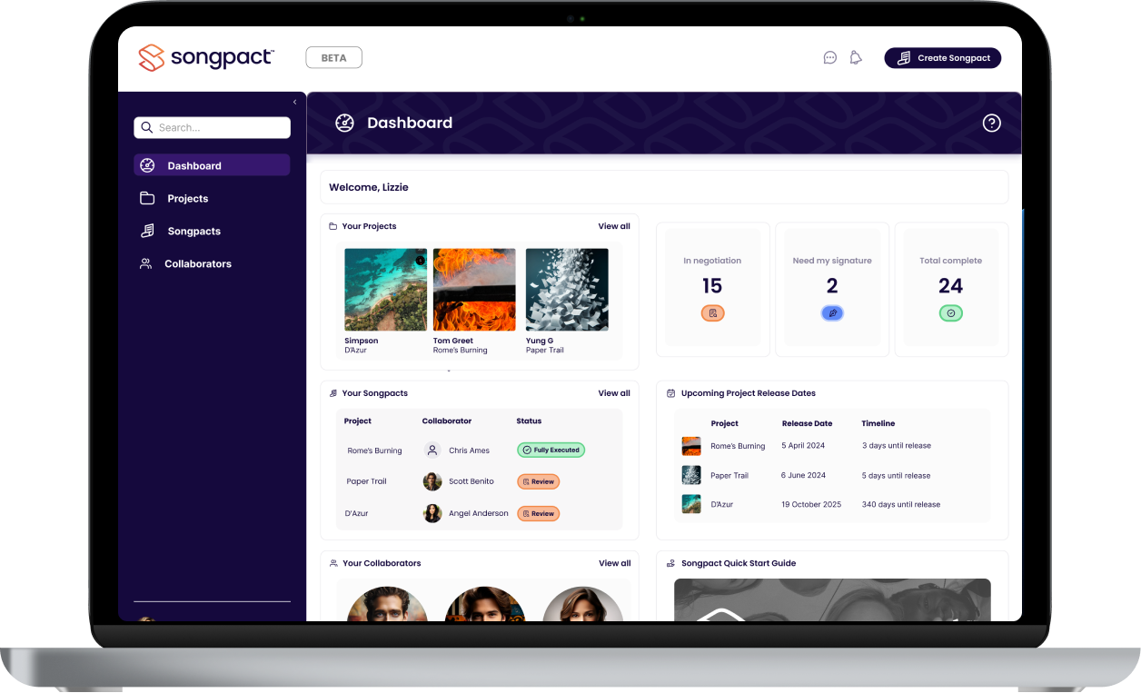 Laptop displaying Songpact's dashboard for managing music contracts.