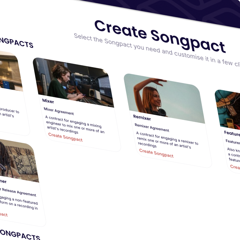 Songpact's 'Create Songpact' tab displaying various contract options for music collaborators.