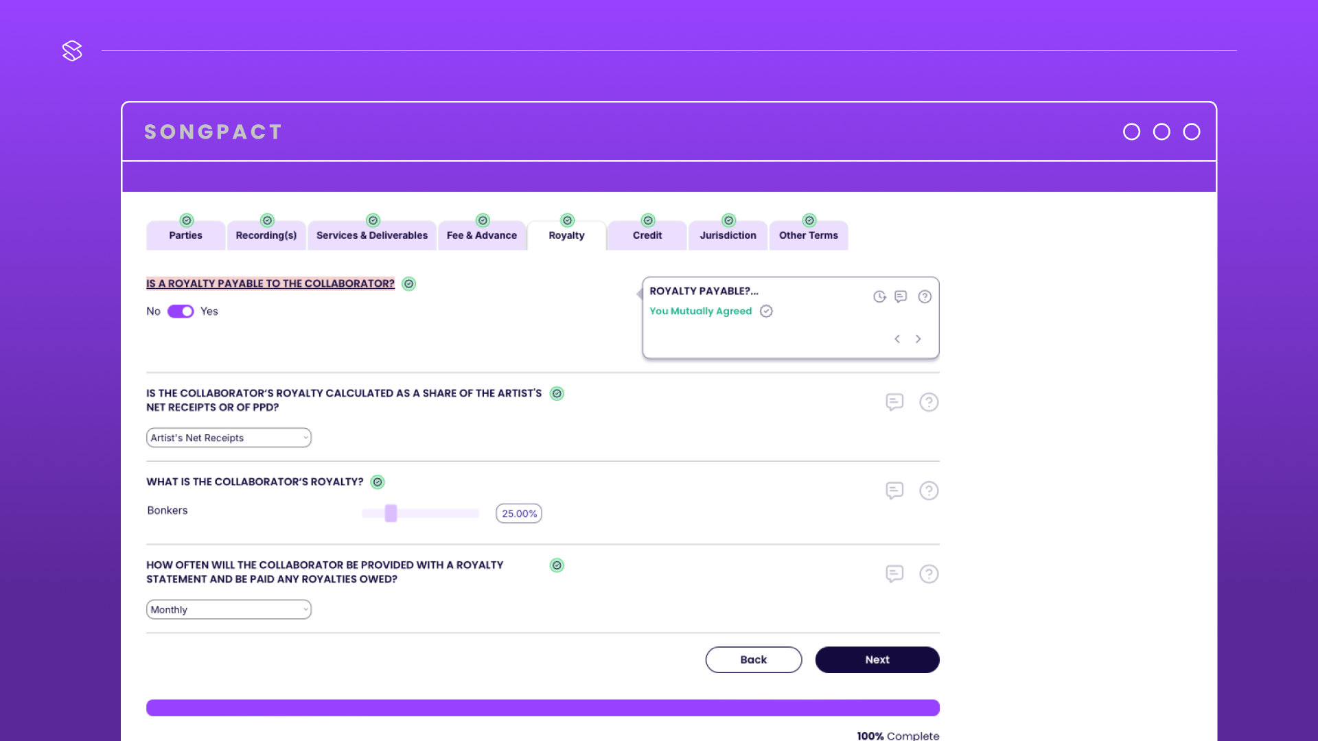 Songpact's intuitive Q&A feature streamlining the contract negotiation process.