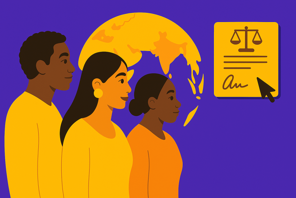 Illustration of three diverse music creators standing in front of a stylised map highlighting India, Nigeria, and South Africa, with a digital legal agreement symbol representing Songpact’s mission to bring accessible contracts to emerging music markets.