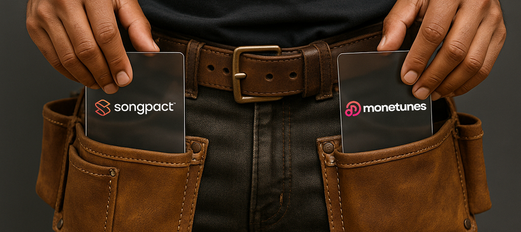 A close-up of a man's torso wearing a black t-shirt. He has a brown leather tool belt around his waist and is holding two clear glass squares, one in each hand, pulled from the belt. The Songpact and Monetunes logos appear on the glass squares, symbolising them as essential tools in the modern artist's toolkit.