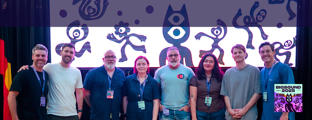 Group photo of organisers and speakers at the BIGSOUND x CAST Tech Showcase 2025, including Songpact co-founder Nick Weaser (second from the left, white t-shirt).